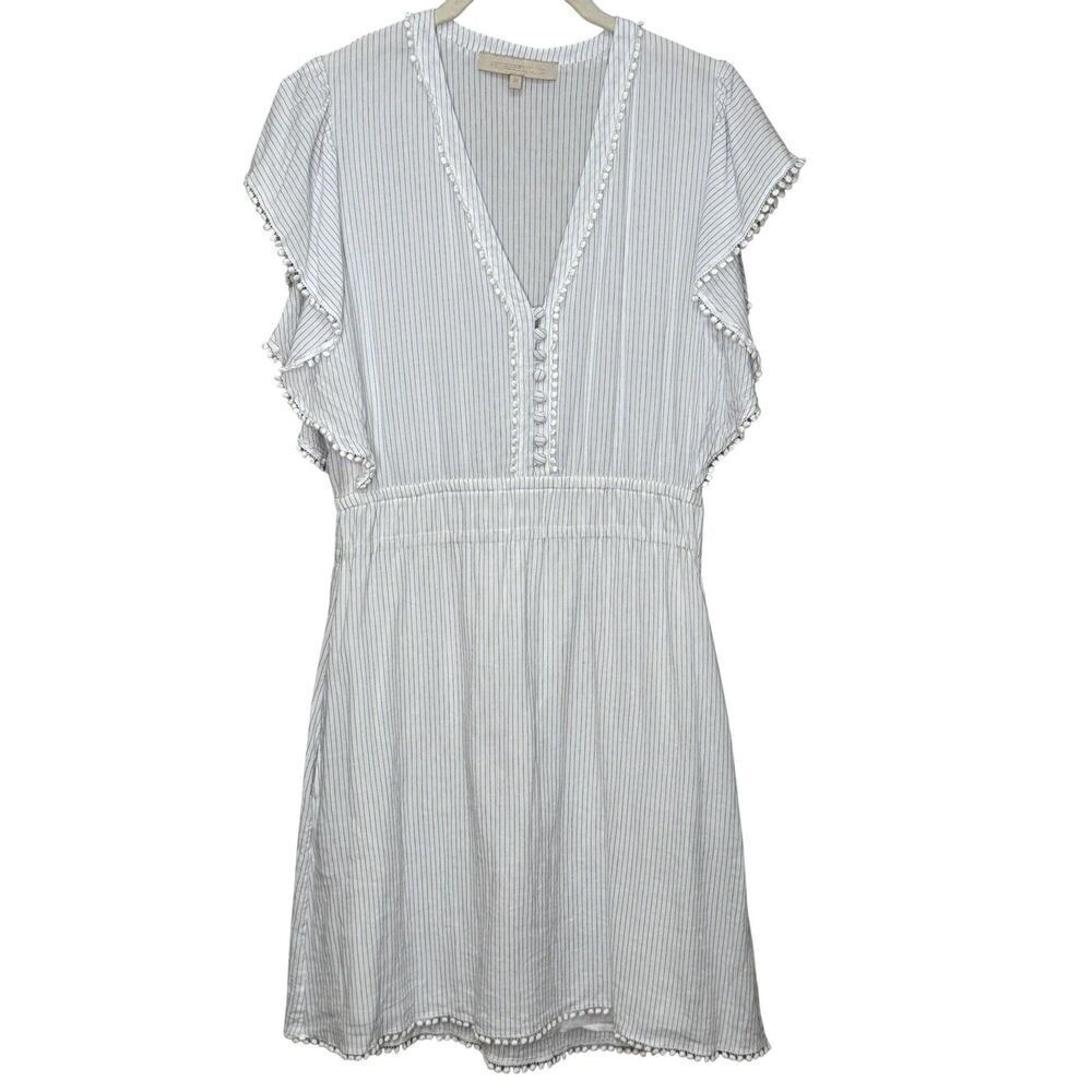 Vanessa Bruno Dress 38 S/M Blue White Pinstriped Ruffle Mini Boho Pom Trim